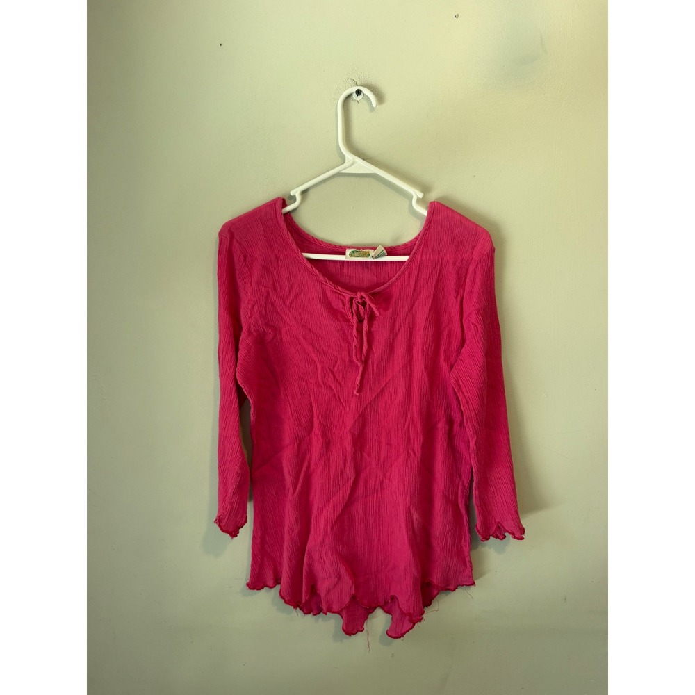 Collections Etc Hot Pink Cotton Gauze Lettuce Edge Tie Neck Top Large